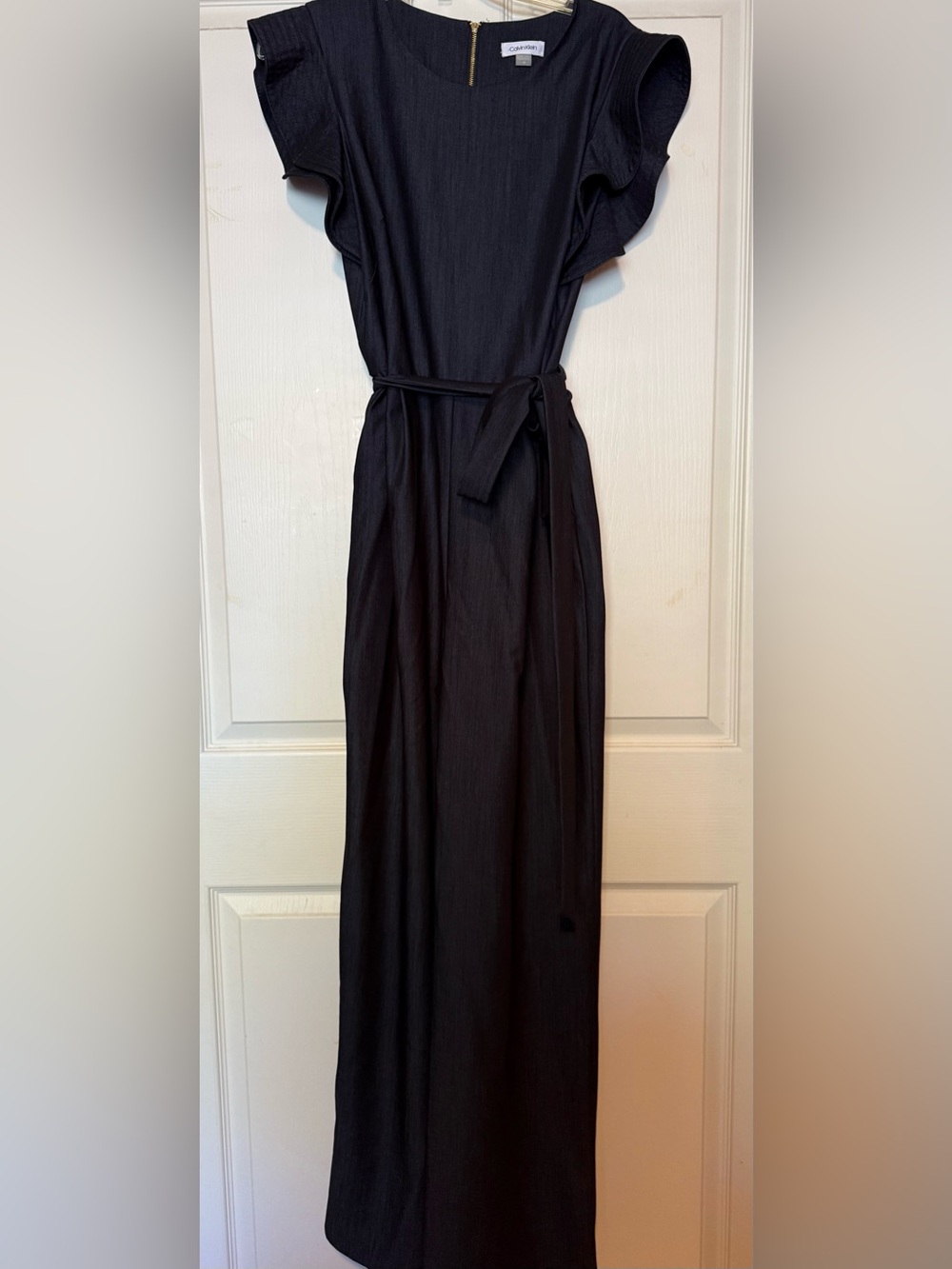 Calvin Klein Black Jumpsuit with Flutter Sleeves and Waist Tie Belt